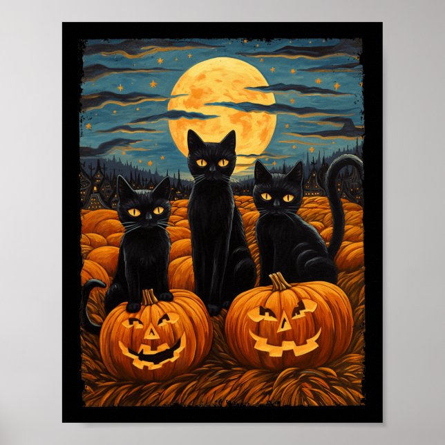 Póster Gato negro Halloween Gato ama a gato estrellado va (Frente)