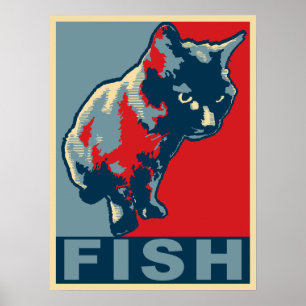 Póster Gato negro hambriento para los pescados - rojo y