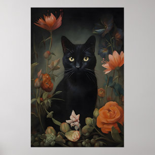 Póster Gato negro impreso en flor, cartel de gato amante
