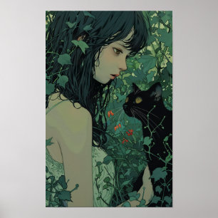Póster Gato negro japonés - Poster estilo Miyazaki Hayao