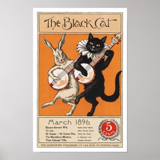 Póster Gato negro jugando Banjo, artista desconocido (Frente)