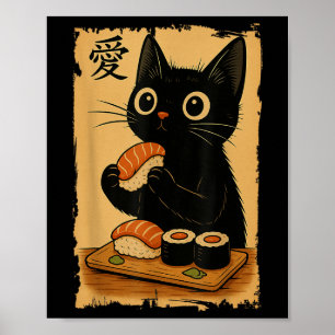 Póster Gato negro Kawaii lindo comiendo sushi divertido j