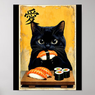 Póster Gato negro Kawaii lindo comiendo sushi divertido j