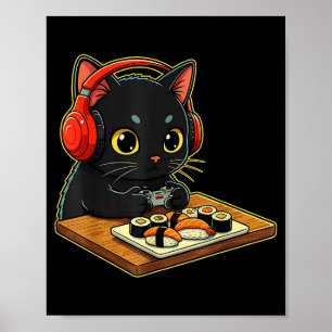 Póster Gato negro kawaii lindo Sushi divertido Retro Japo