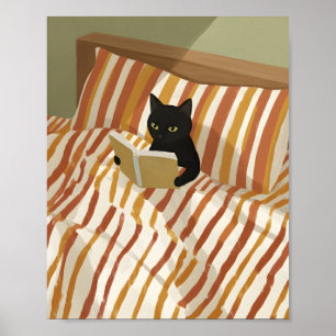 Póster Gato negro leyendo en la cama Dormitorio tranqui