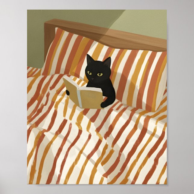 Póster Gato negro leyendo en la cama | Dormitorio tranqui (Frente)
