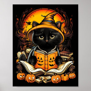 Póster Gato Negro Leyendo Libros Calabaza Otoño Profesore