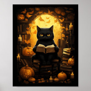 Póster Gato negro leyendo libros calabaza profesores de o