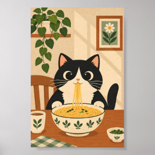 Póster Gato negro lindo comiendo Ramen – Comida japonesa 