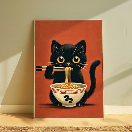 Póster Gato negro lindo comiendo Ramen Kawaii Pared de fi