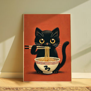 Póster Gato negro lindo comiendo Ramen Kawaii Pared de fi