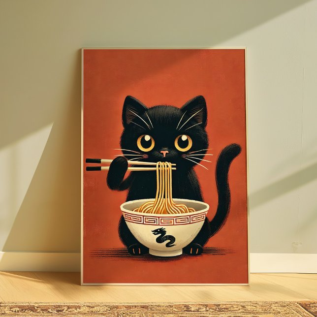 Póster Gato negro lindo comiendo Ramen Kawaii Pared de fi (Subido por el creador)