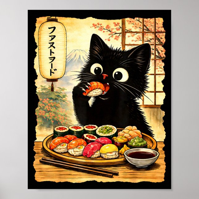 Póster Gato negro lindo comiendo sushi kawaii comida japo (Frente)