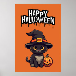 Póster Gato negro lindo con calabaza Jack O Lantern