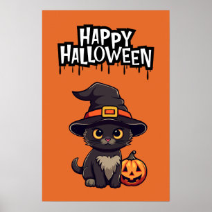 Póster Gato negro lindo con calabaza Jack O Lantern