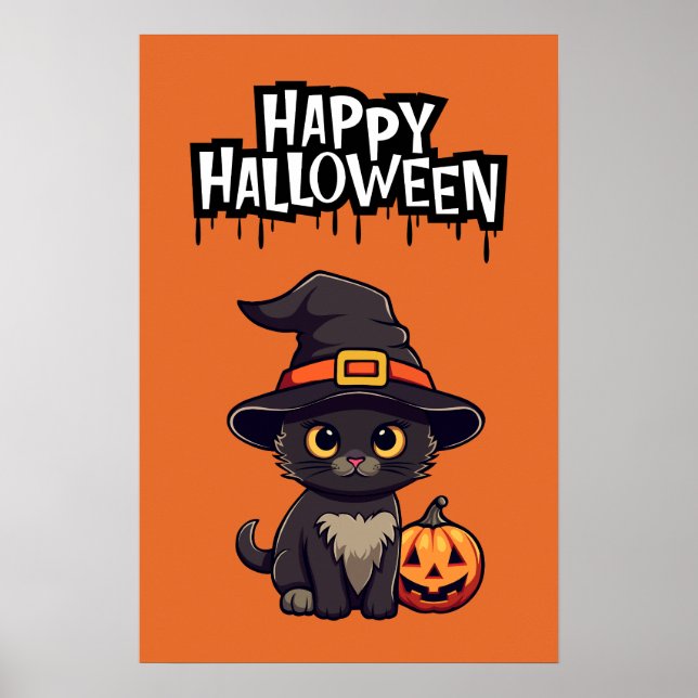 Póster Gato negro lindo con calabaza Jack O Lantern (Frente)