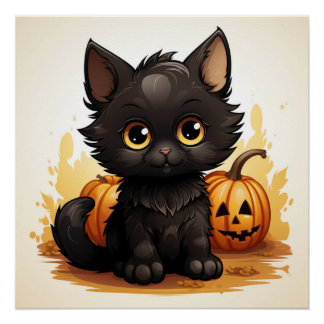 Póster Gato negro lindo con calabazas