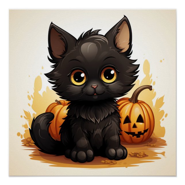 Póster Gato negro lindo con calabazas (Anverso)