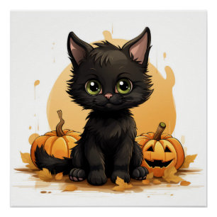 Póster Gato negro lindo con calabazas