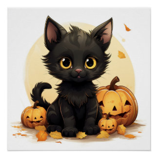 Póster Gato negro lindo con calabazas