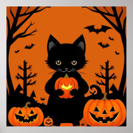 Póster Gato negro lindo con calabazas de Halloween
