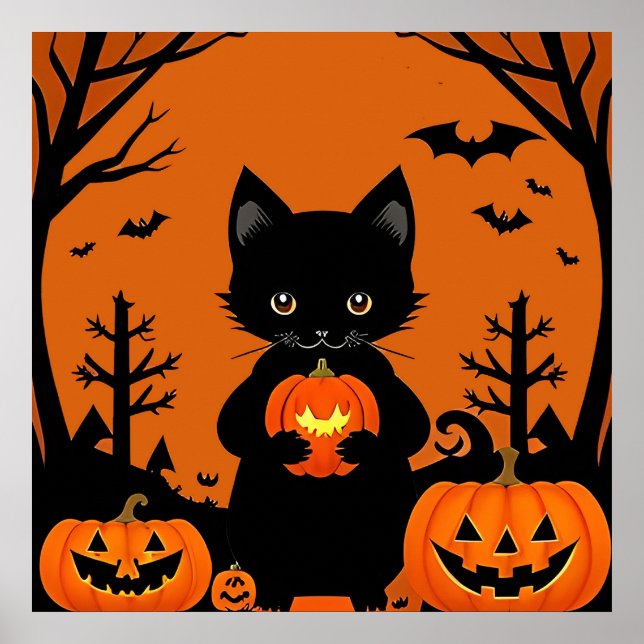 Póster Gato negro lindo con calabazas de Halloween (Frente)