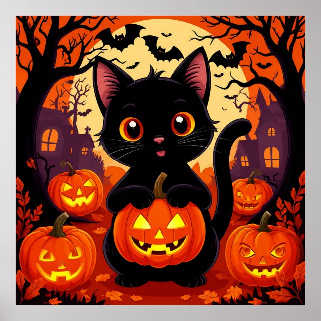 Póster Gato negro lindo con calabazas de Halloween (Frente)