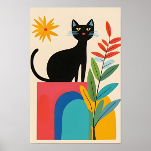 Póster Gato negro lindo con flor colorida