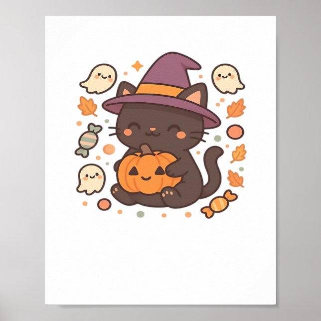 Póster Gato negro lindo con Gorra de bruja - Kawaii Hallo (Frente)