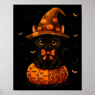 Póster Gato negro lindo de calabaza de temporada de otoño