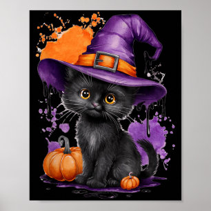 Póster Gato negro lindo de Halloween sombrero de bruja ca