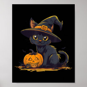 Póster Gato negro lindo de Halloween sombrero de bruja ca
