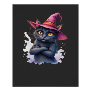 Póster Gato negro lindo en sombrero de bruja � Arte mágic