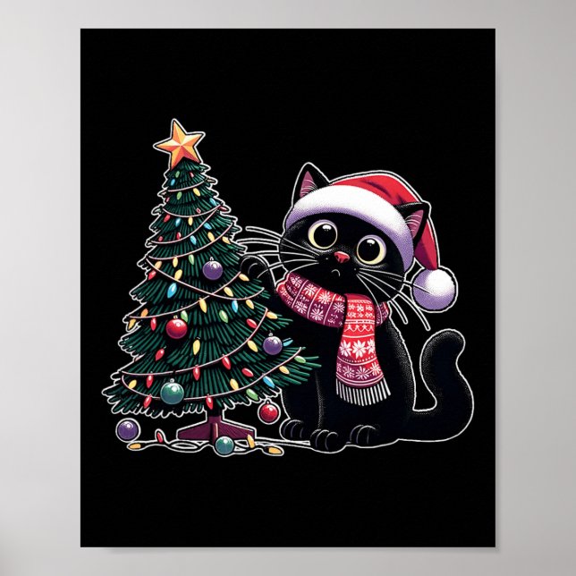 Póster Gato negro lindo Kitten Santa Hat Árbol de Navidad (Frente)