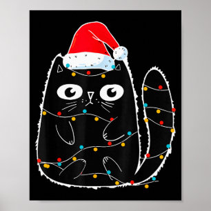 Póster Gato negro lindo Santa luces de Navidad Meow gatit