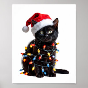 Póster Gato Negro Lindo Santa Luces de Navidad Meow Kitty