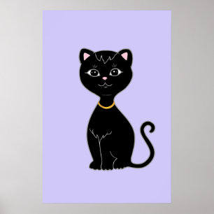 Póster Gato negro lindo sobre pervinca clara