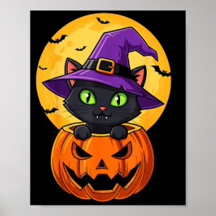 Póster Gato Negro Lindo Sombrero de Bruja En Calabaza Muj