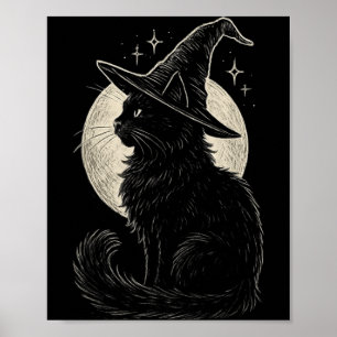 Póster Gato Negro Lindo Sombrero de Bruja Luna Retro Coqu