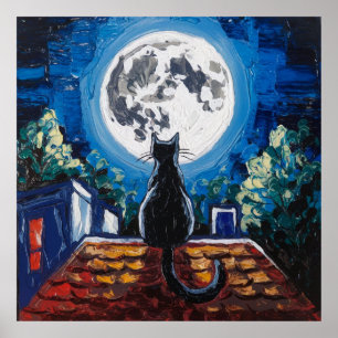 Póster Gato Negro Luna Llena Azotea