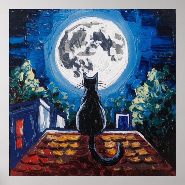 Póster Gato Negro Luna Llena Azotea (Frente)