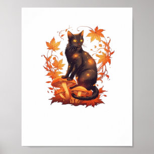 Póster Gato negro mágico en el bosque otoñal - Caída cele