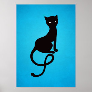 Póster Gato negro malvado azul