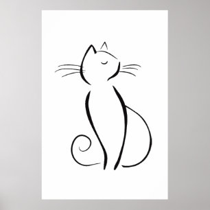 Póster Gato negro minimalista en blanco