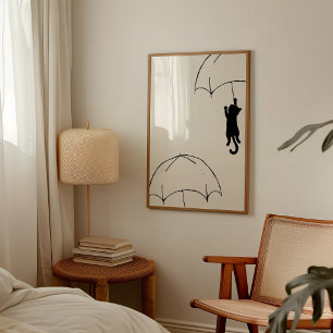 Póster Gato Negro Minimalista Volador con Paraguas Modern