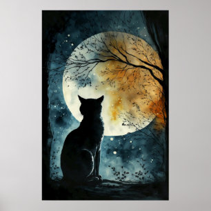 Póster Gato negro mirando a la luna