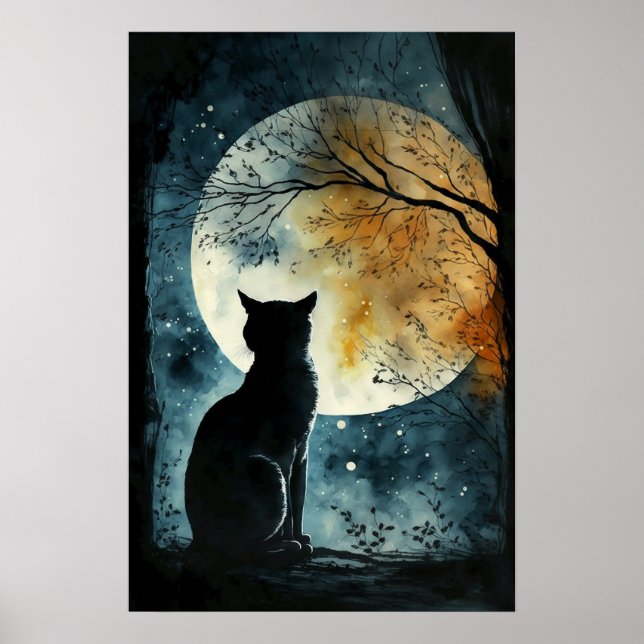 Póster Gato negro mirando a la luna (Frente)
