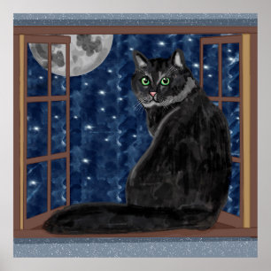 Póster Gato negro mirando la luna y las estrellas