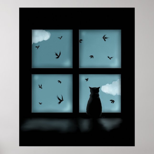 Póster Gato Negro Mirando La Ventana Al Cielo (Frente)