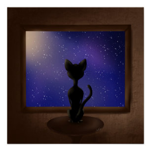 Póster Gato negro mirando las estrellas del cielo nocturn